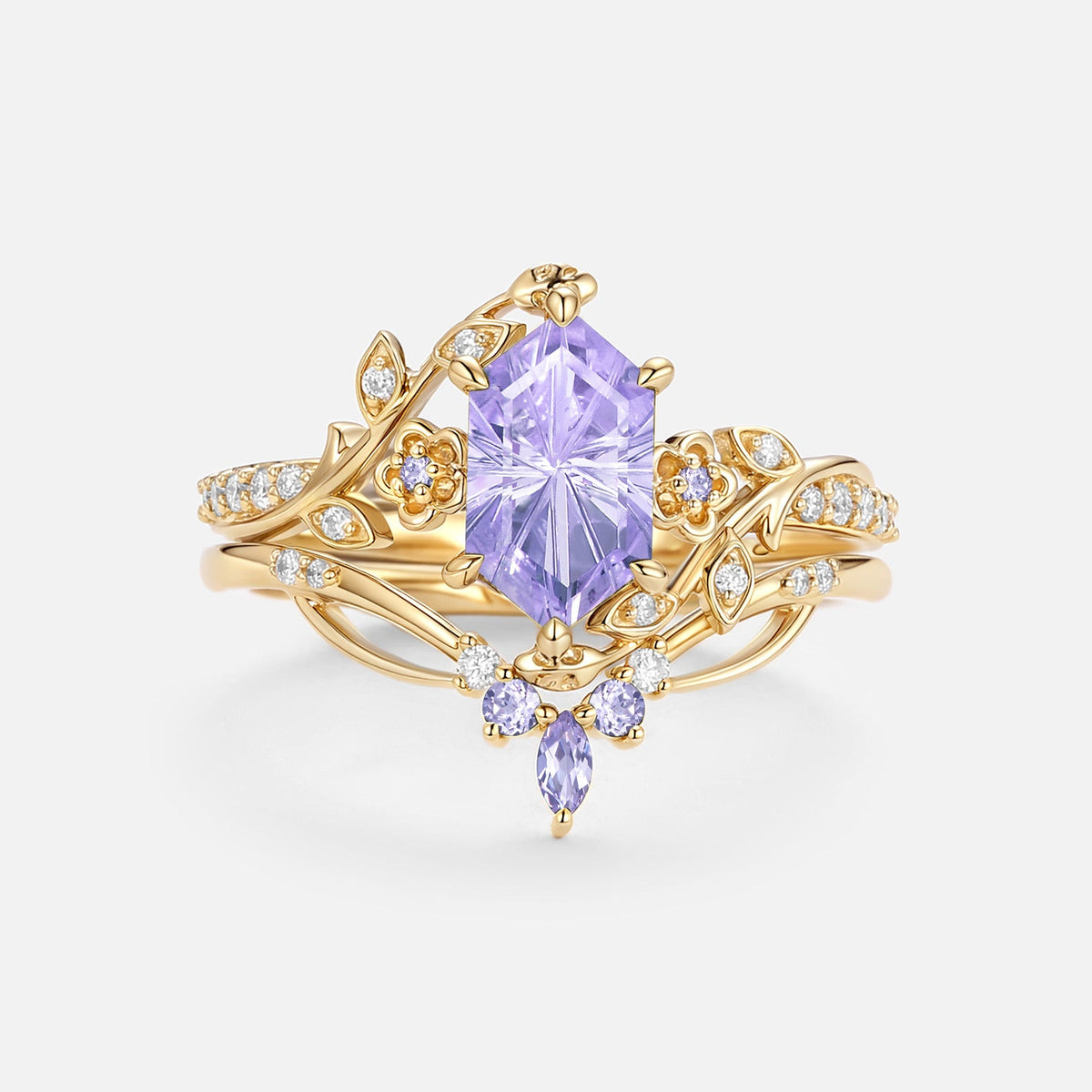 Firework Cut Lab Lavender Sapphire Hexagon Engagement Ring Set - Zane