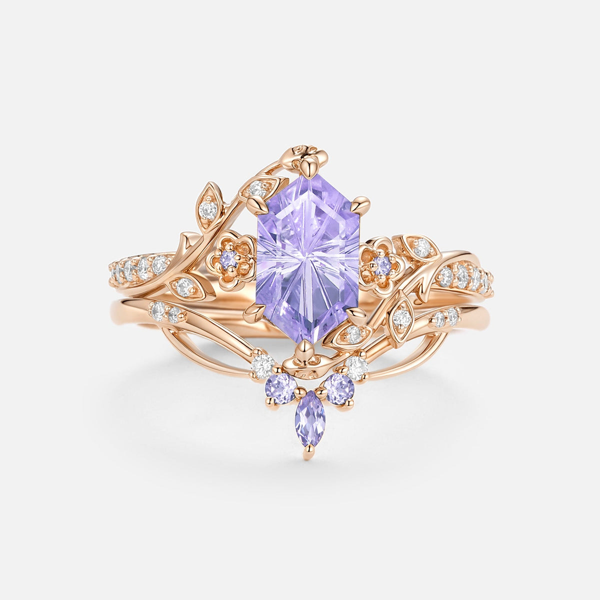 Firework Cut Lab Lavender Sapphire Hexagon Engagement Ring Set - Zane