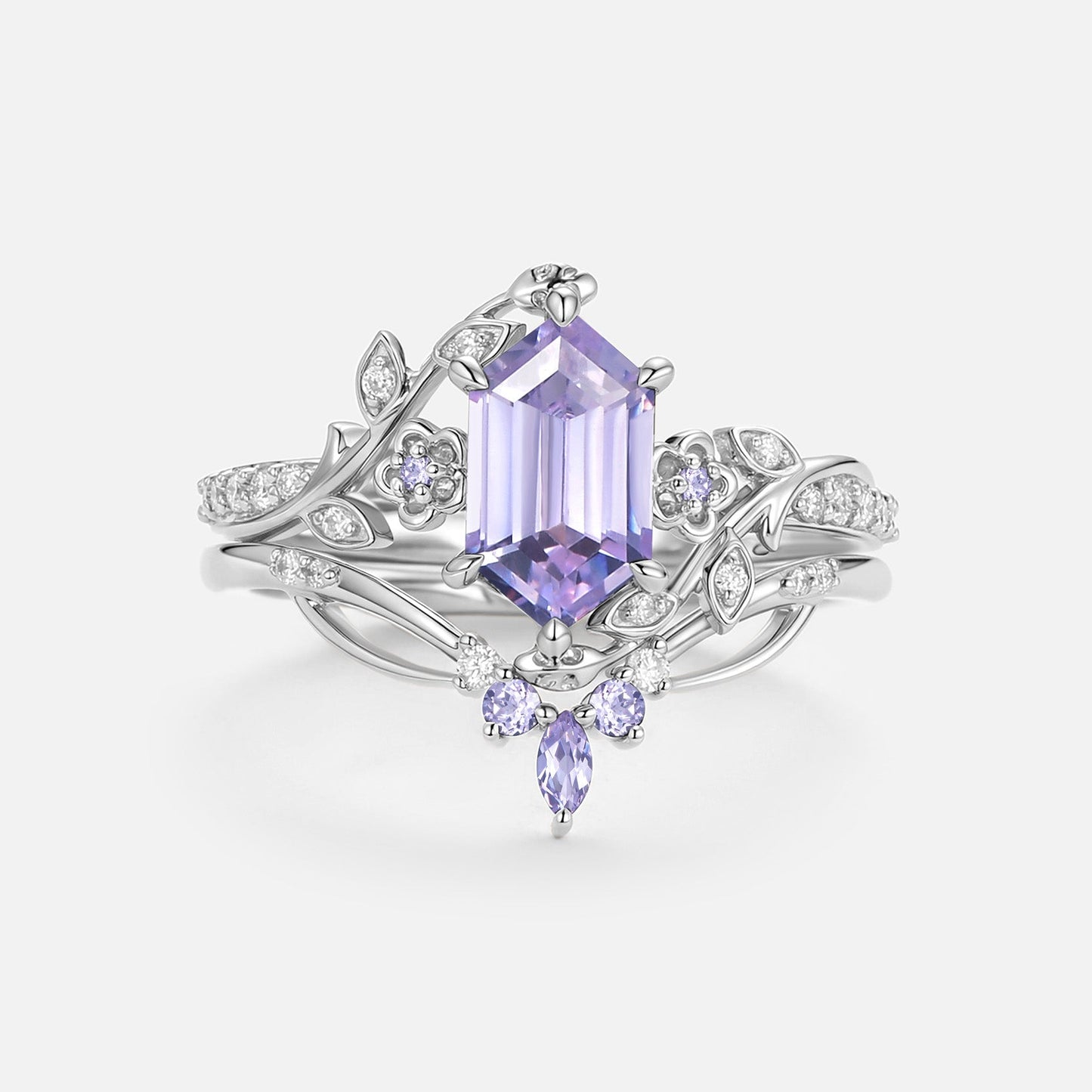 Hexagon Cut Lab Lavender Sapphire Engagement Ring Set - Zane