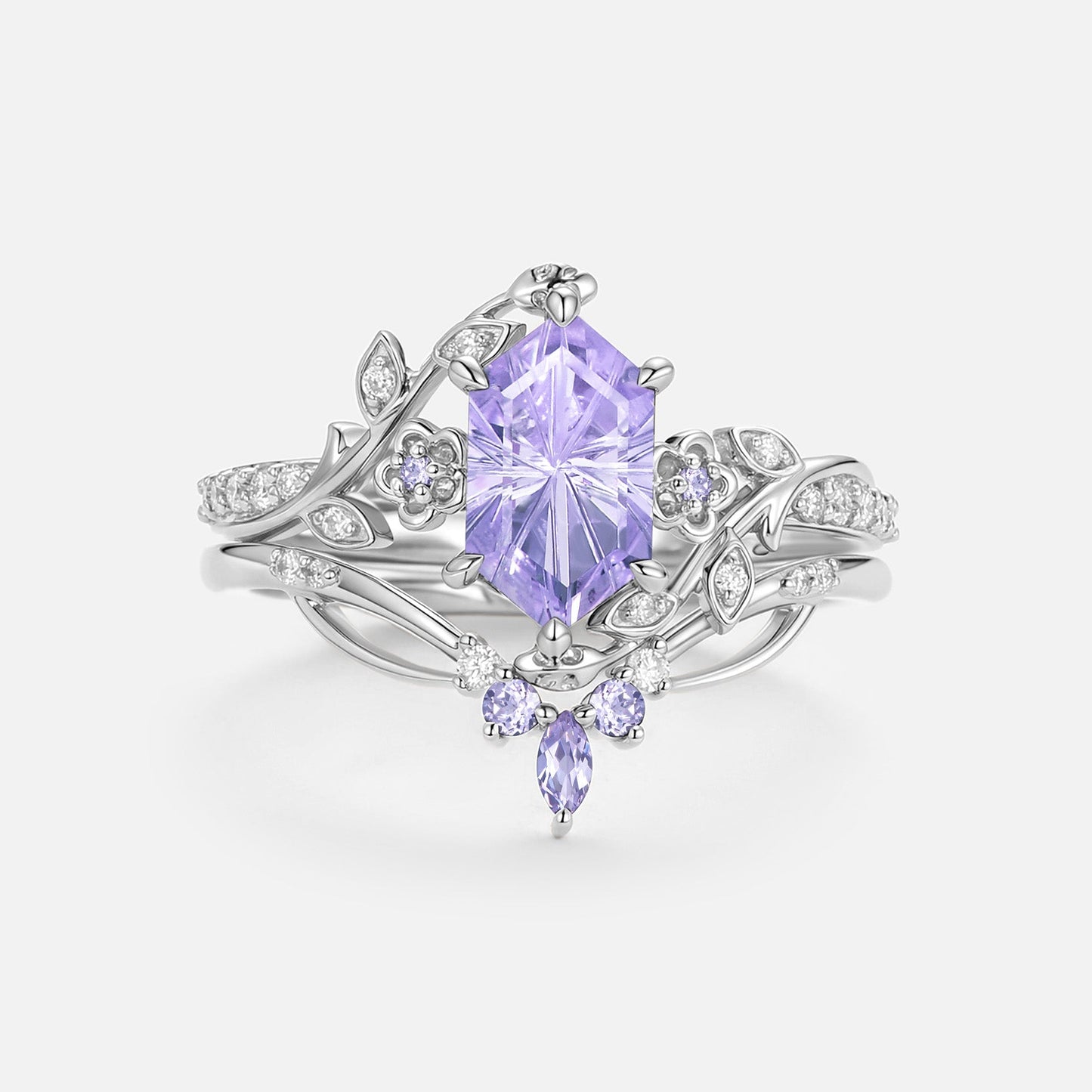 Firework Cut Lab Lavender Sapphire Hexagon Engagement Ring Set - Zane