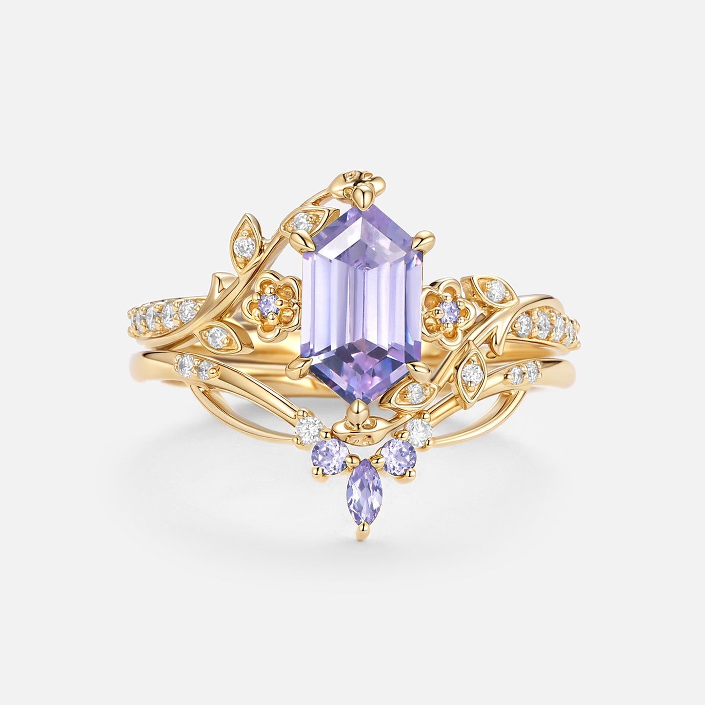 Hexagon Cut Lab Lavender Sapphire Engagement Ring Set - Zane