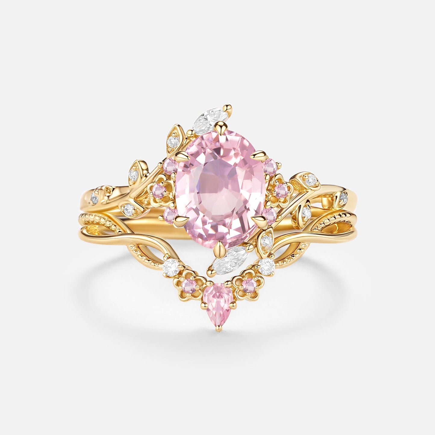 Oval Cut Pink Tourmaline Flower Engagement Ring Set 2pcs - Callista