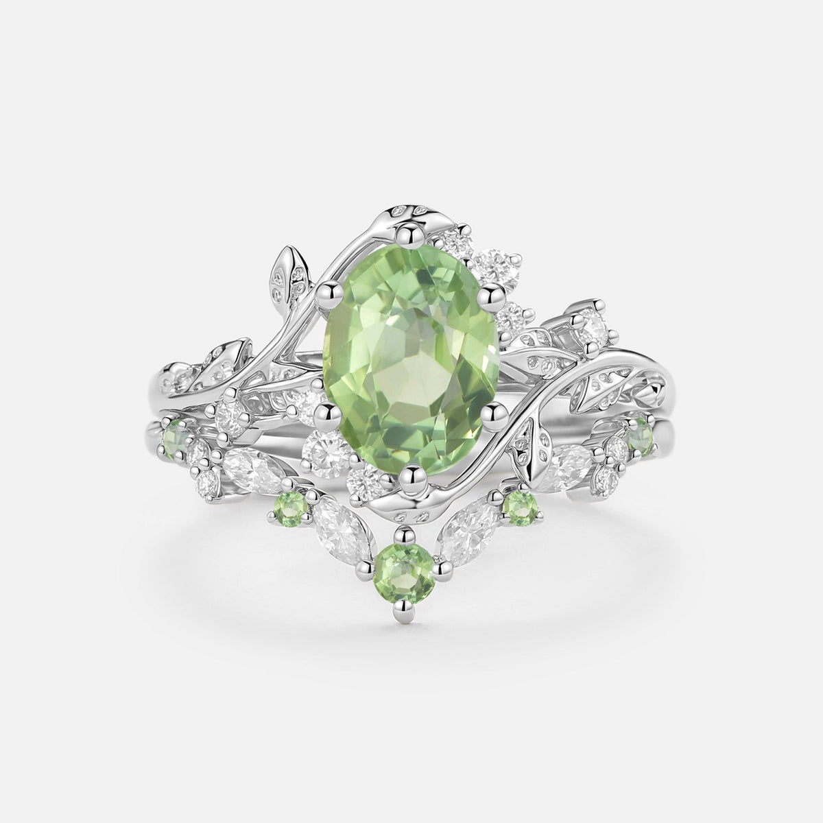 Oval Cut Green Tourmaline Leaf Engagement Ring Set 2pcs - Callista