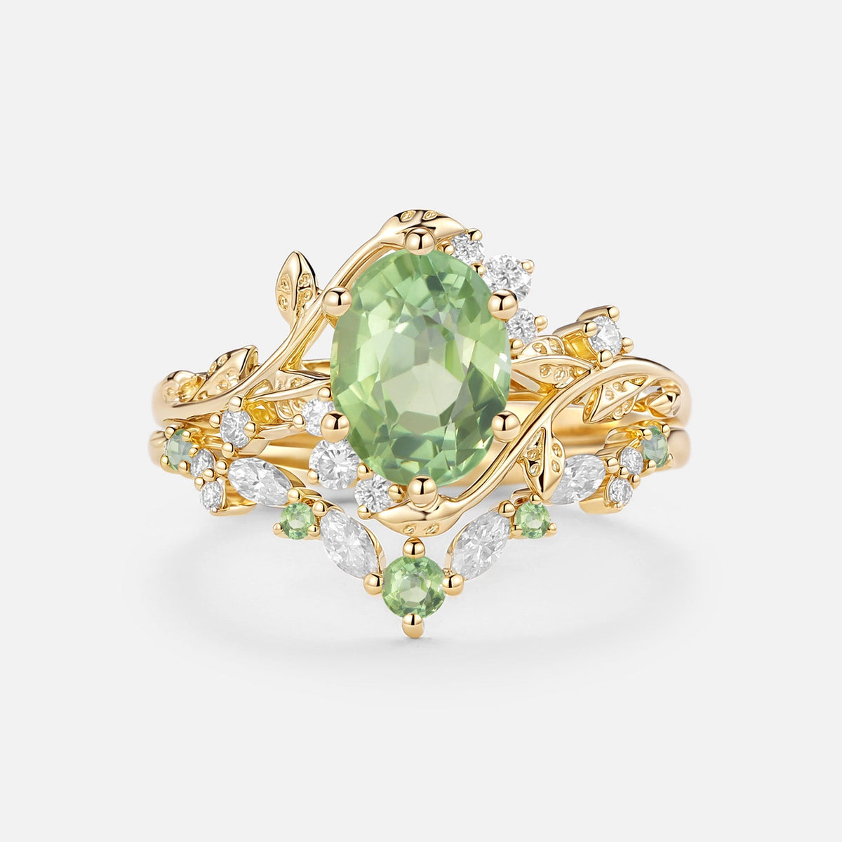 Oval Cut Green Tourmaline Leaf Engagement Ring Set 2pcs - Callista