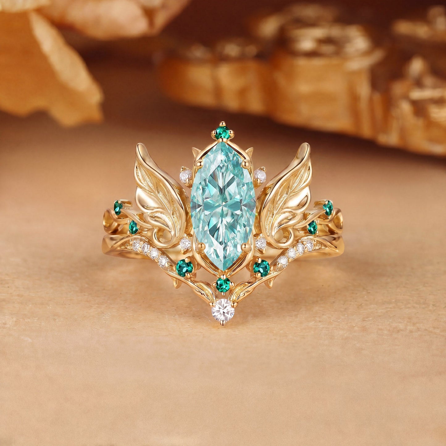 Forest Fairy Marquise Cut Green Moissanite Leafy Fly Engagement Ring Set 2pcs - Fawn