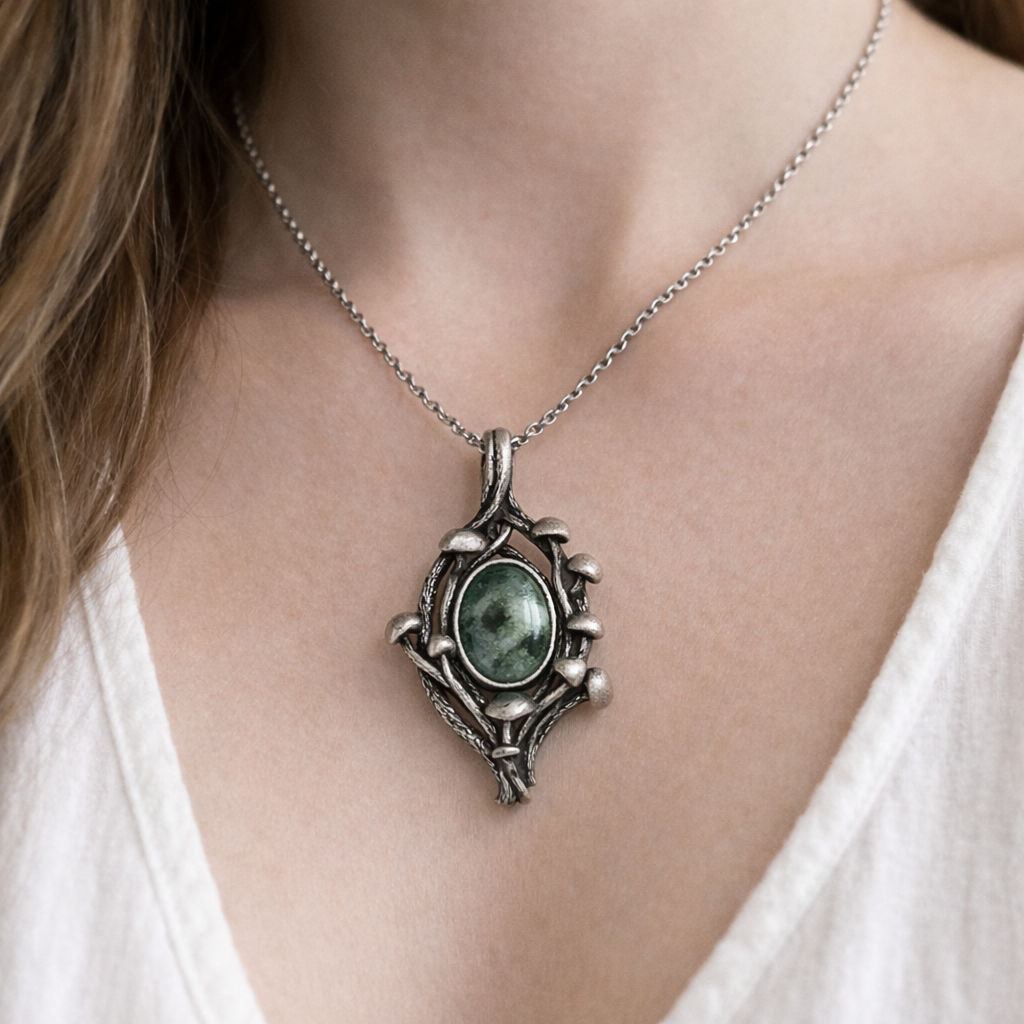Moss Agate Mushroom Branch Style Sterling Silver Pendant