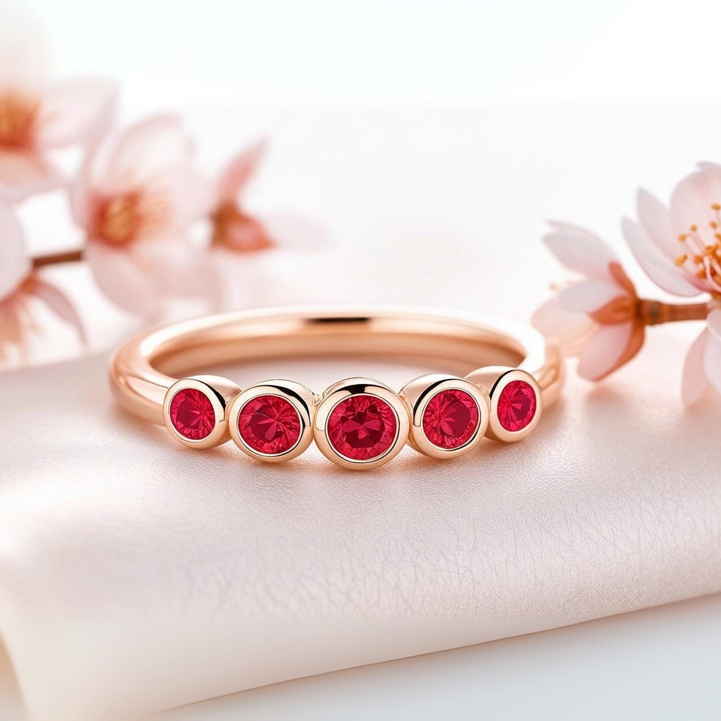 Fiona Ruby Band - Graduated Ruby Five Bezel Stacking Anniversary Ring