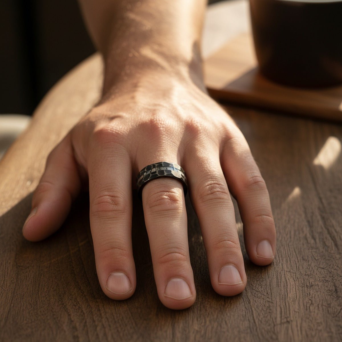 FISSURE | Black Tungsten Ring, Hammered, Meteorite Inlay