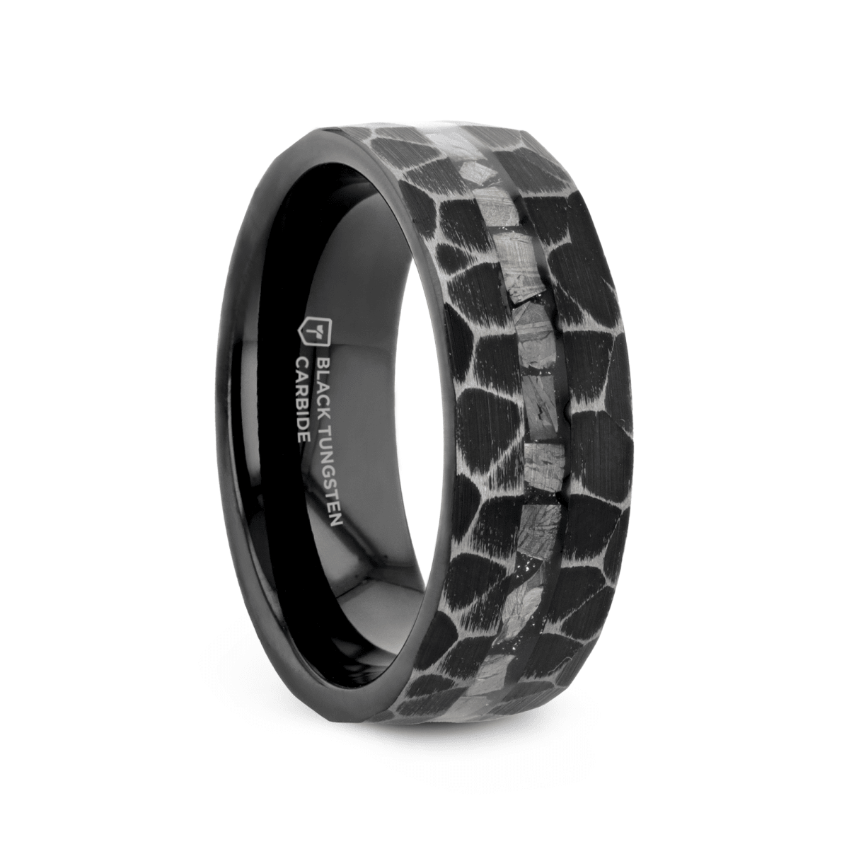 FISSURE | Black Tungsten Ring, Hammered, Meteorite Inlay