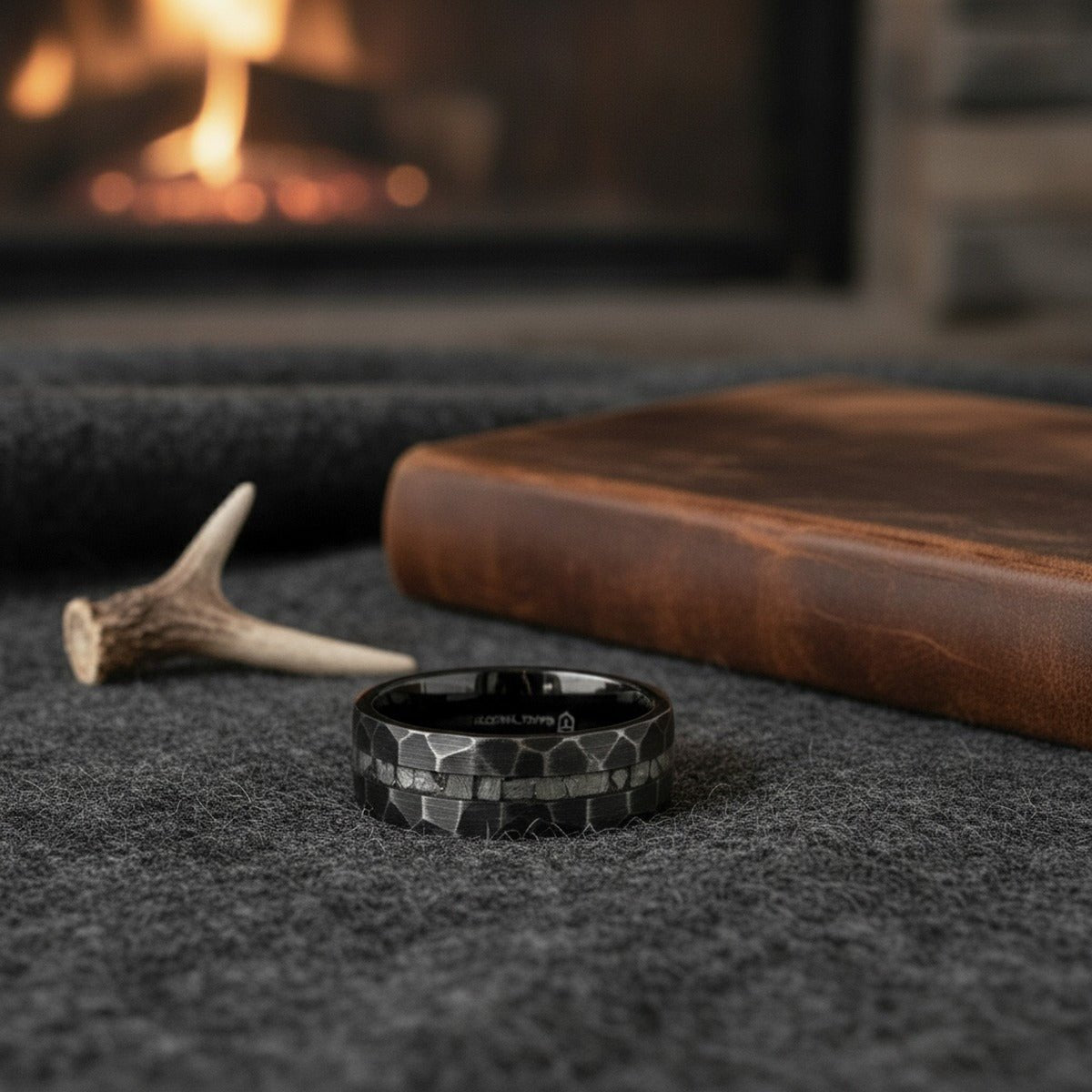 FISSURE | Black Tungsten Ring, Hammered, Meteorite Inlay