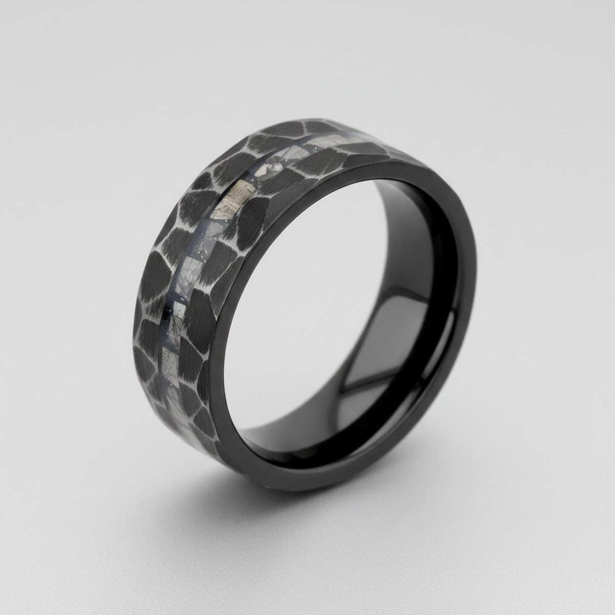 FISSURE | Black Tungsten Ring, Hammered, Meteorite Inlay