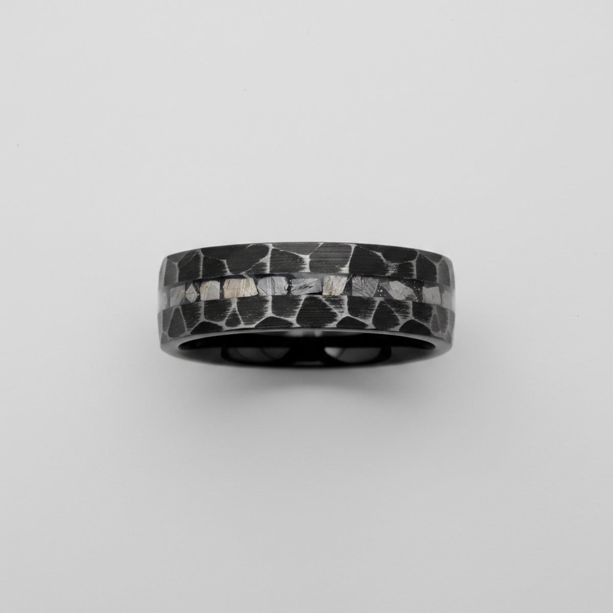 FISSURE | Black Tungsten Ring, Hammered, Meteorite Inlay