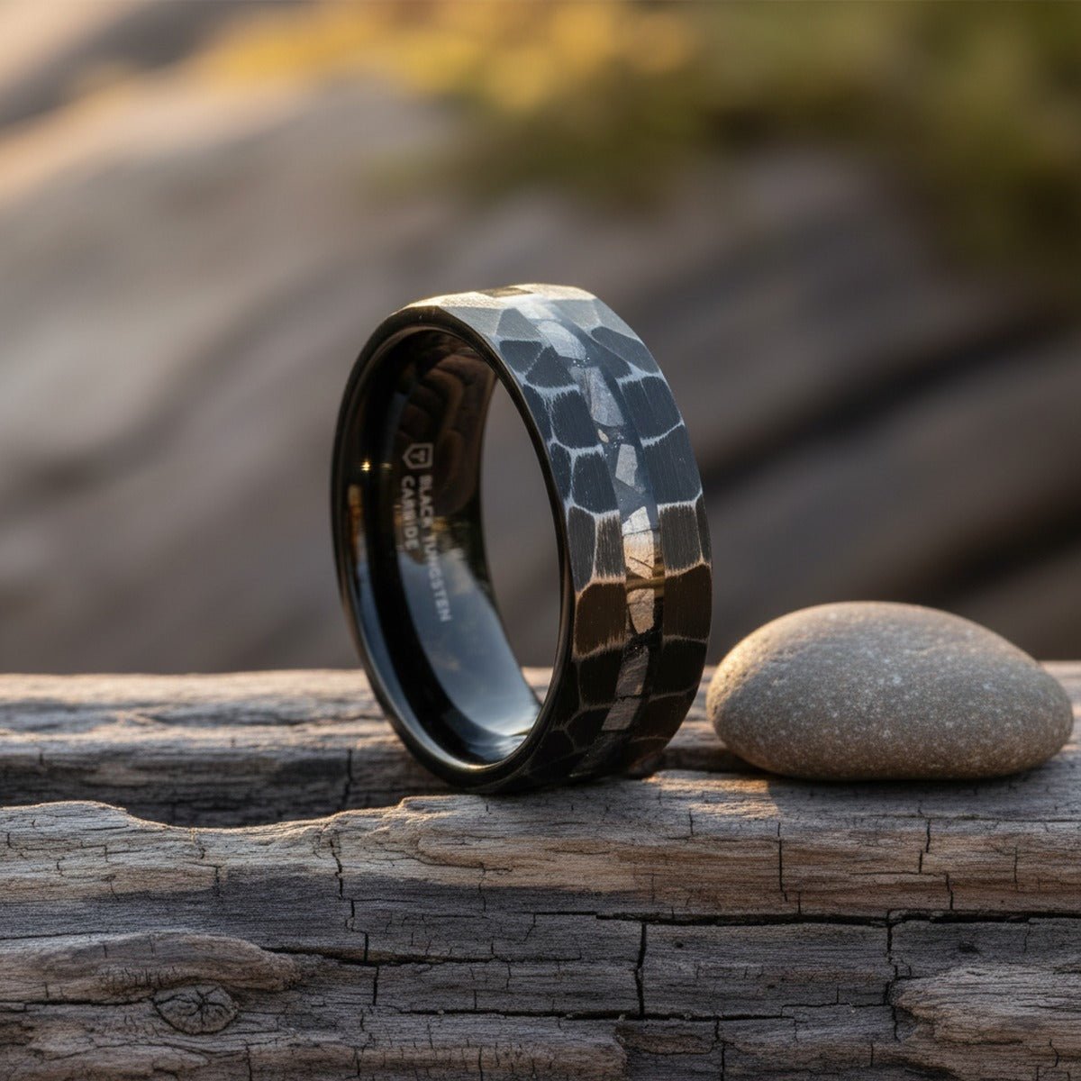 FISSURE | Black Tungsten Ring, Hammered, Meteorite Inlay