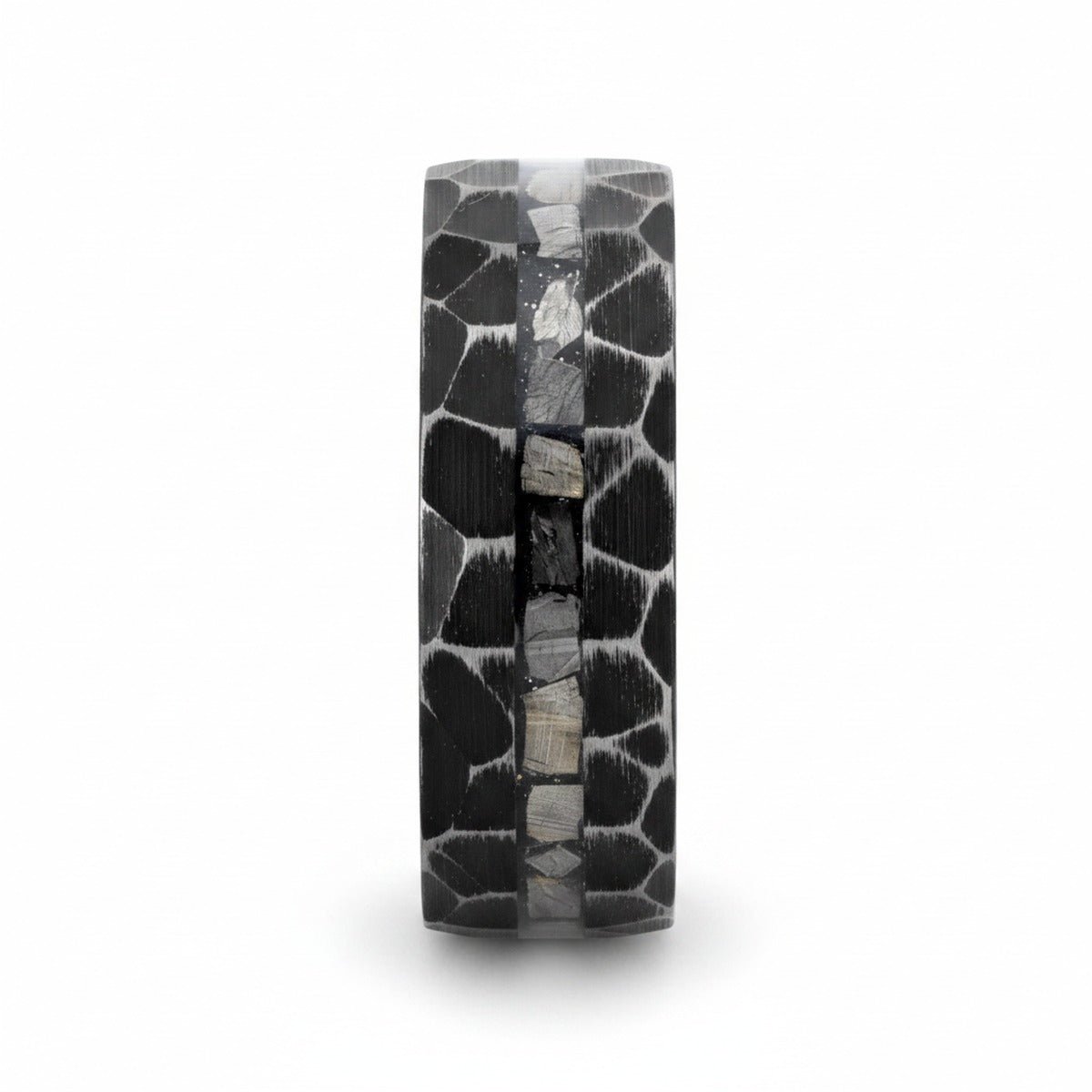 FISSURE | Black Tungsten Ring, Hammered, Meteorite Inlay