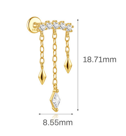 Sterling Silver 16G Internal Thread Dangle Flat Back Earrings, Heart Star CZ Drop Chain Piercing Earrings