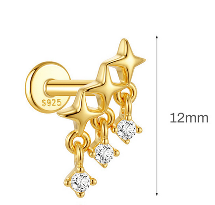 Sterling Silver 16G Internal Thread Dangle Flat Back Earrings, Heart Star CZ Drop Chain Piercing Earrings