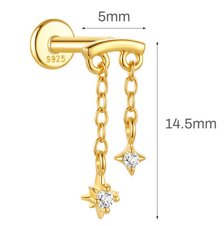 Sterling Silver 16G Internal Thread Dangle Flat Back Earrings, Heart Star CZ Drop Chain Piercing Earrings