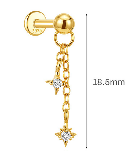 Sterling Silver 16G Internal Thread Dangle Flat Back Earrings, Heart Star CZ Drop Chain Piercing Earrings