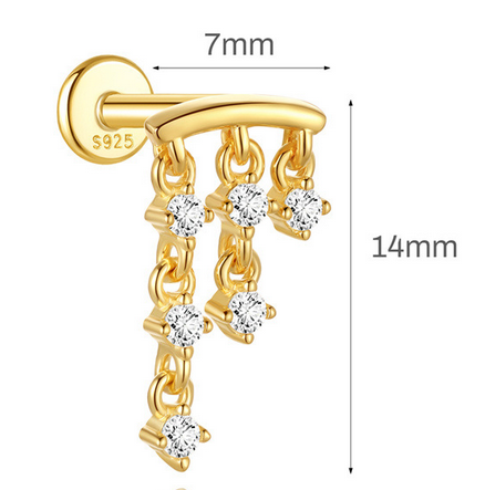 Sterling Silver 16G Internal Thread Dangle Flat Back Earrings, Heart Star CZ Drop Chain Piercing Earrings