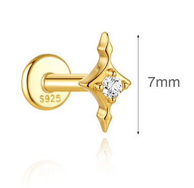 Sterling Silver 16G Flat Back Earrings, Solid Fixed Top Teardrop Heart Star CZ Piercing Earrings