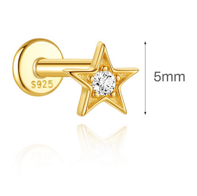 Sterling Silver 16G Flat Back Earrings, Solid Fixed Top Teardrop Heart Star CZ Piercing Earrings