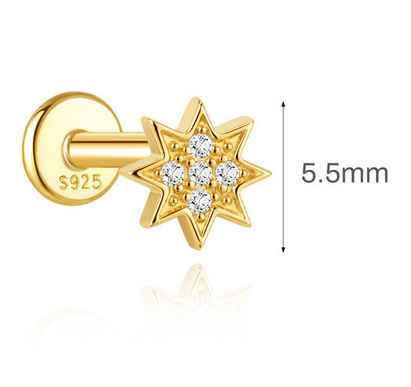 Sterling Silver 16G Flat Back Earrings, Solid Fixed Top Teardrop Heart Star CZ Piercing Earrings