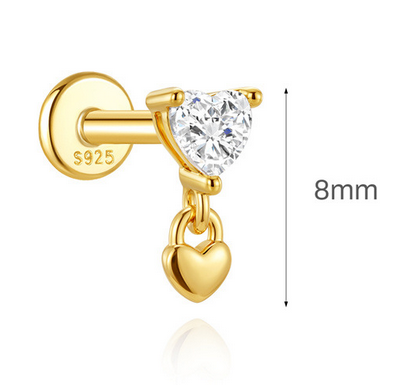Sterling Silver 16G Internal Thread Dangle Flat Back Earrings, Heart Star CZ Drop Chain Piercing Earrings
