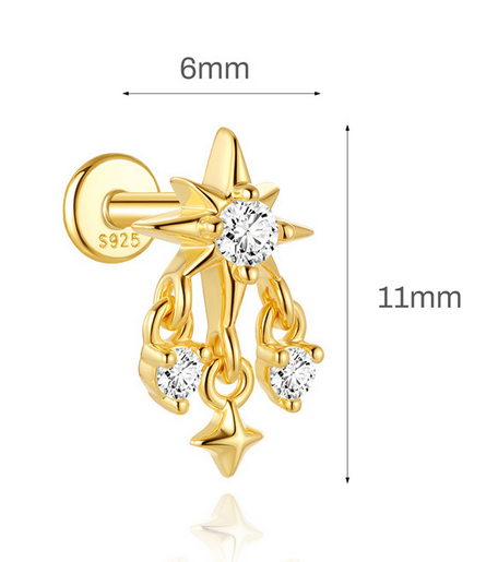 Sterling Silver 16G Internal Thread Dangle Flat Back Earrings, Heart Star CZ Drop Chain Piercing Earrings