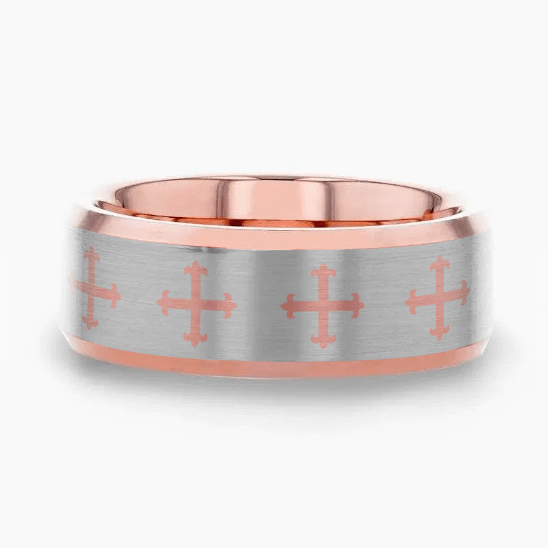 FLEUR | Rose Gold Tungsten Fleur Cross Wedding Band, Beveled Edges