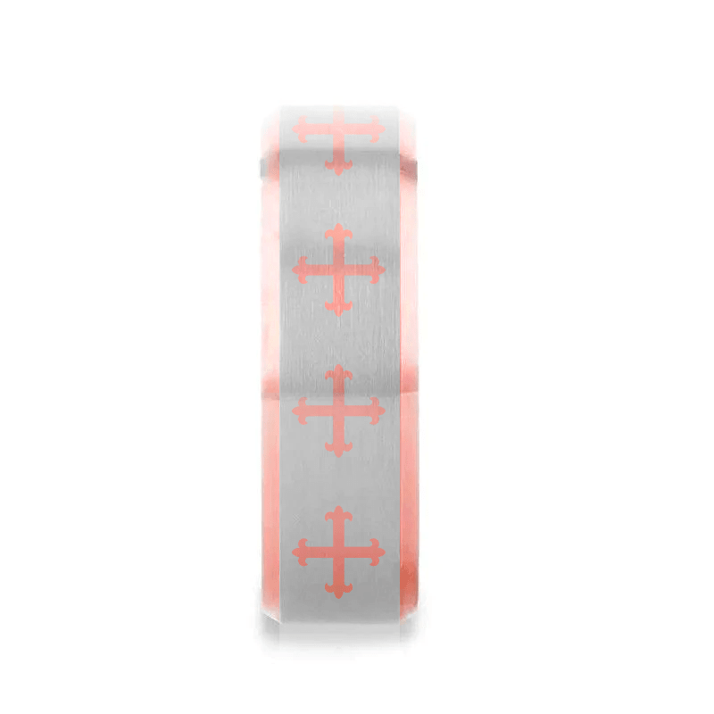 FLEUR | Rose Gold Tungsten Fleur Cross Wedding Band, Beveled Edges