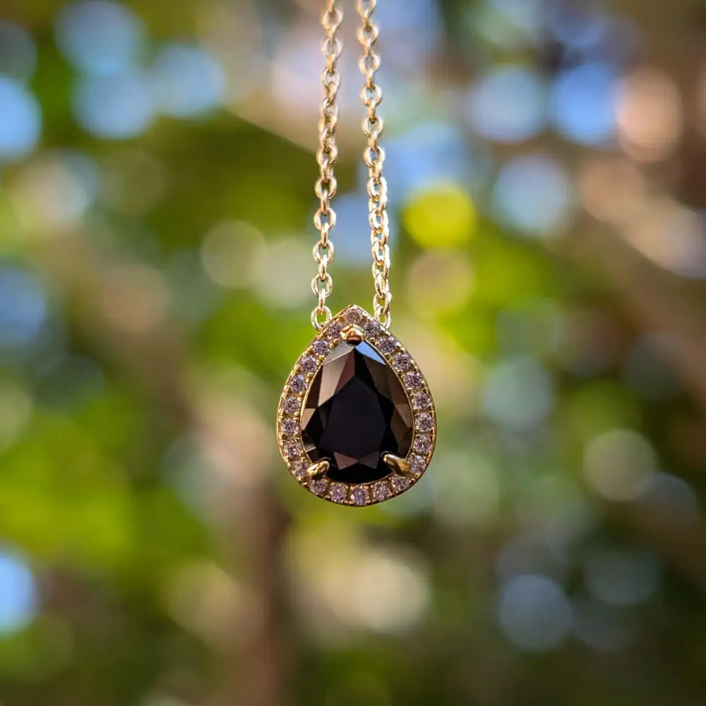 Floating Vintage Teardrop Onyx Halo Pendant Necklace