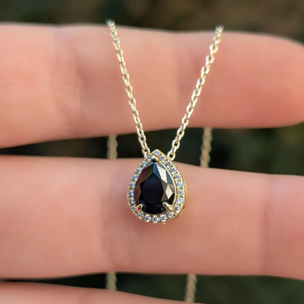 Floating Vintage Teardrop Onyx Halo Pendant Necklace