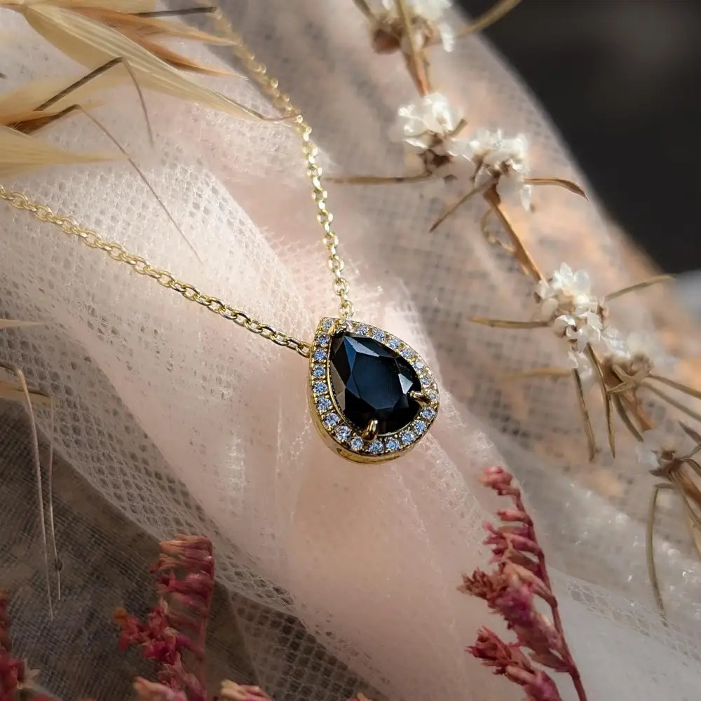 Floating Vintage Teardrop Onyx Halo Pendant Necklace