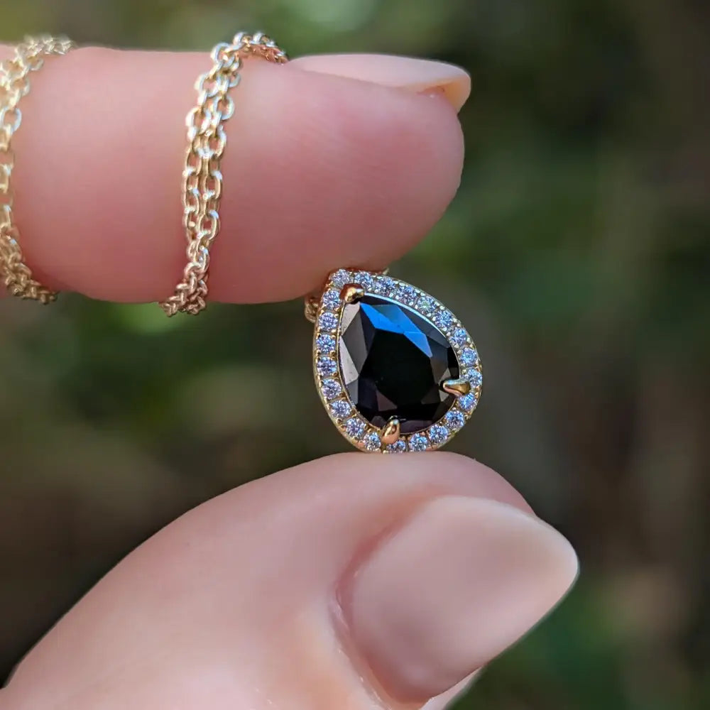 Floating Vintage Teardrop Onyx Halo Pendant Necklace