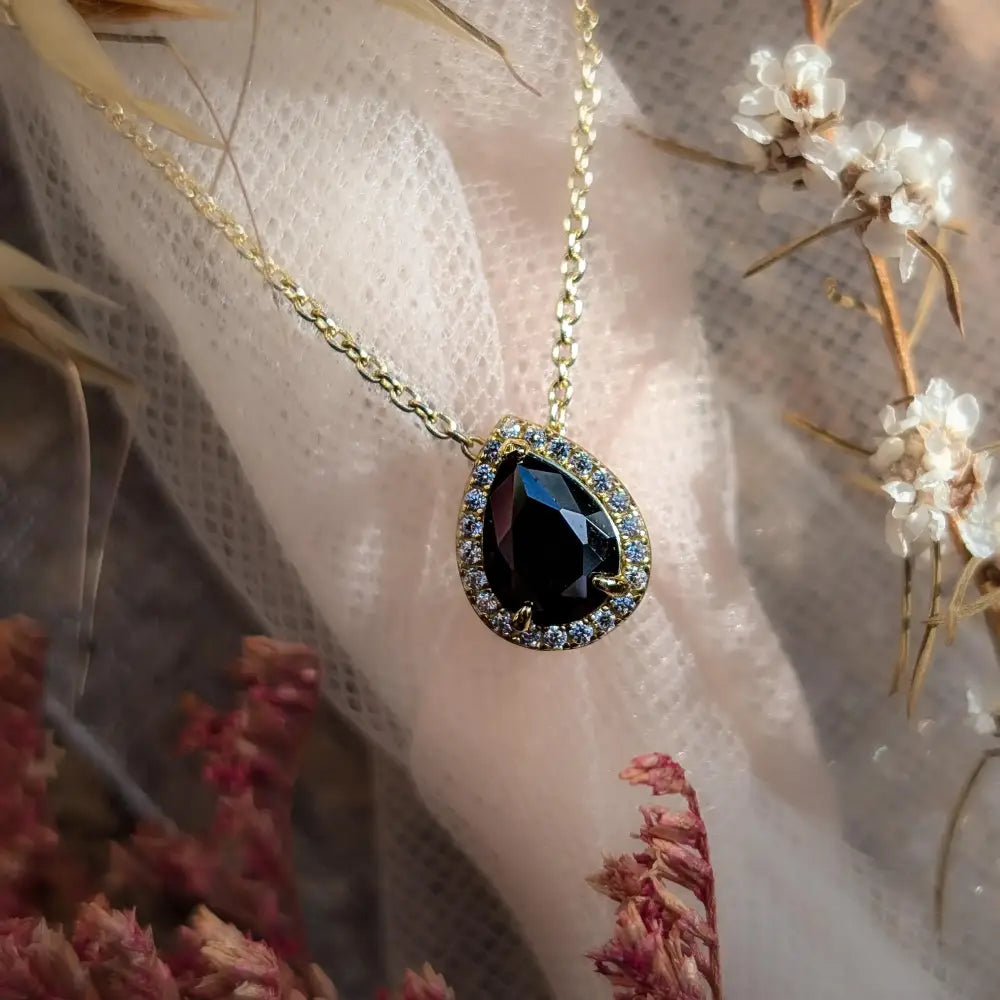 Floating Vintage Teardrop Onyx Halo Pendant Necklace