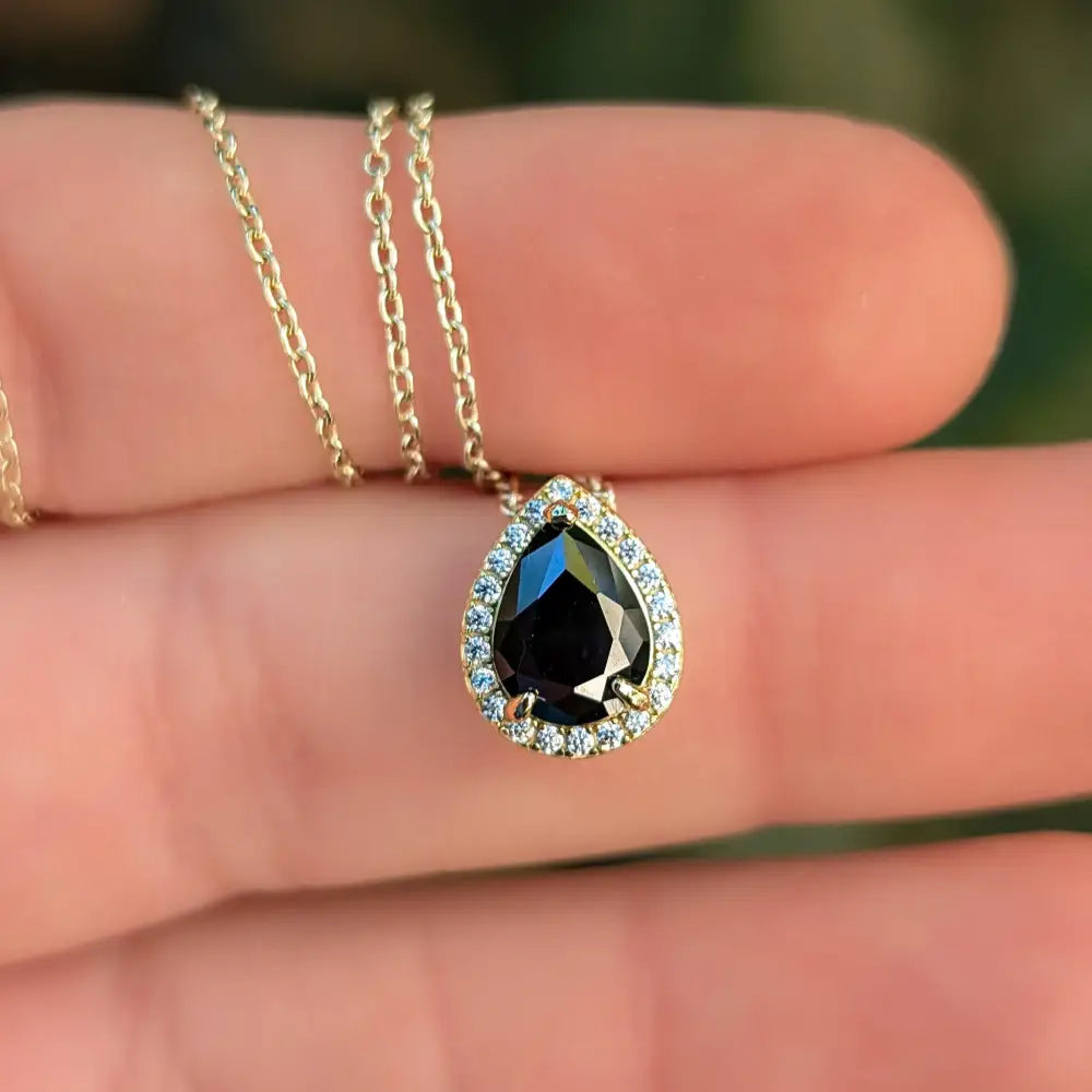 Floating Vintage Teardrop Onyx Halo Pendant Necklace