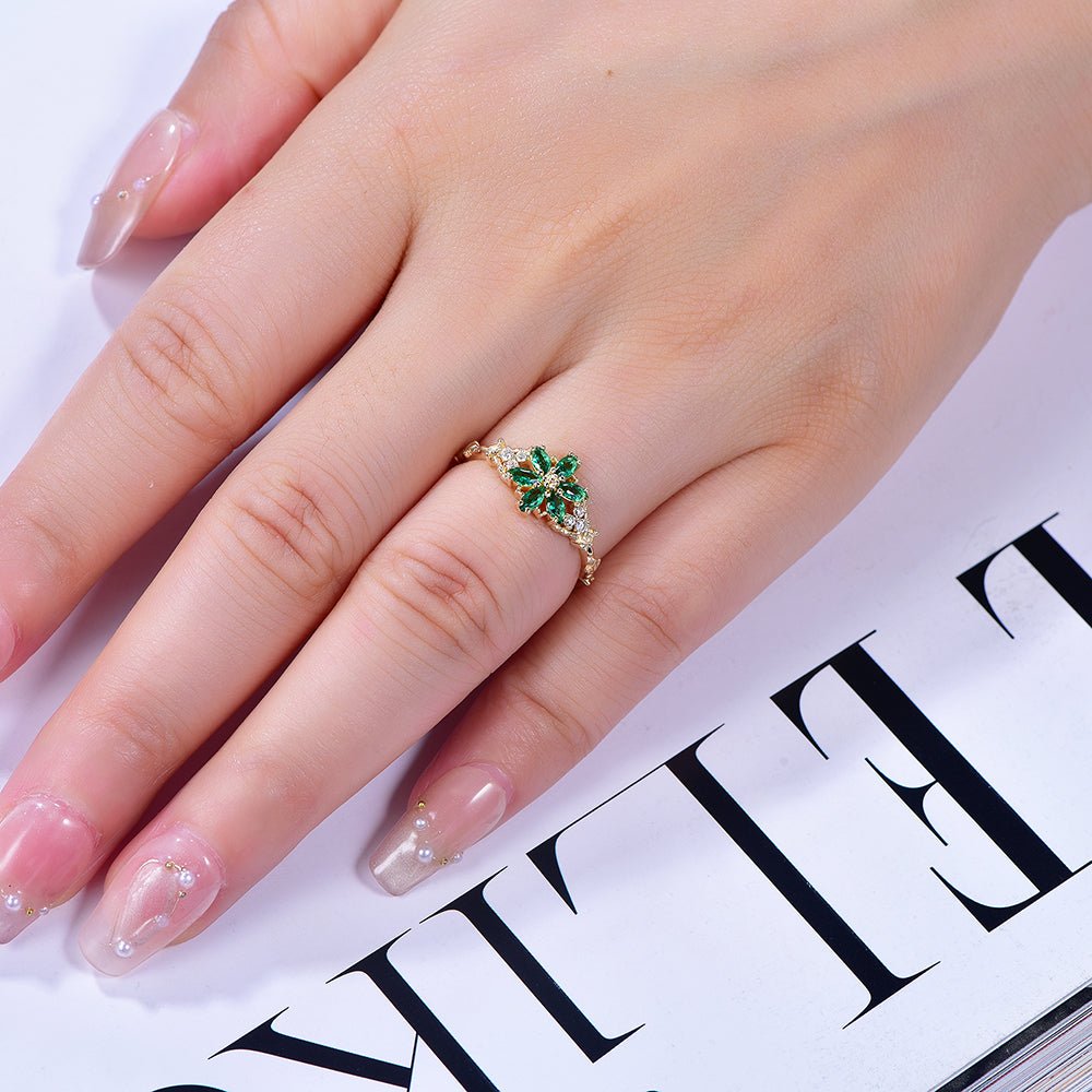 Flora Marquise Emerald Ring in 14k Yellow Gold