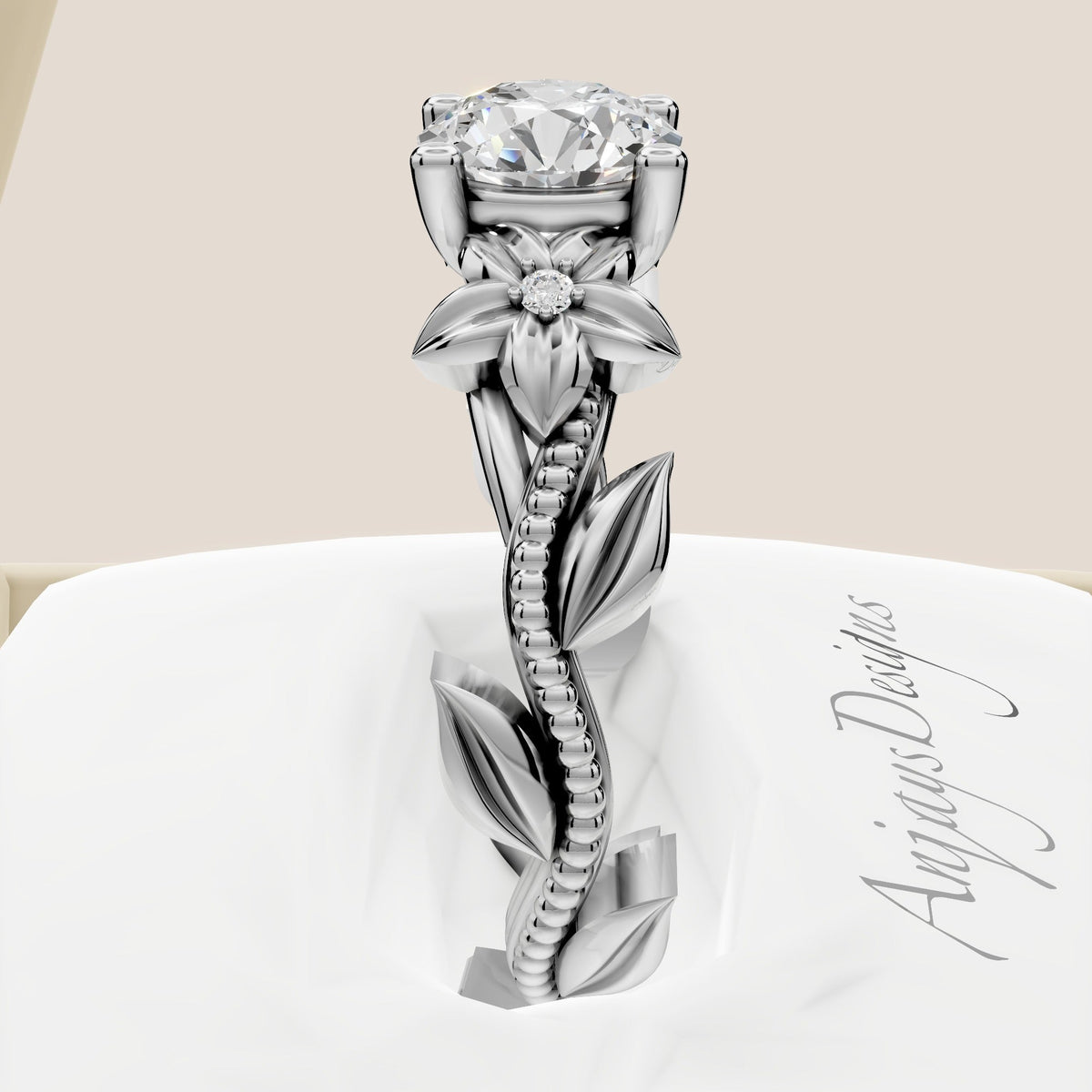 1 Carat Round Diamond Flower Engagement Ring Lab Grown Diamond Floral Ring Nature Inspired