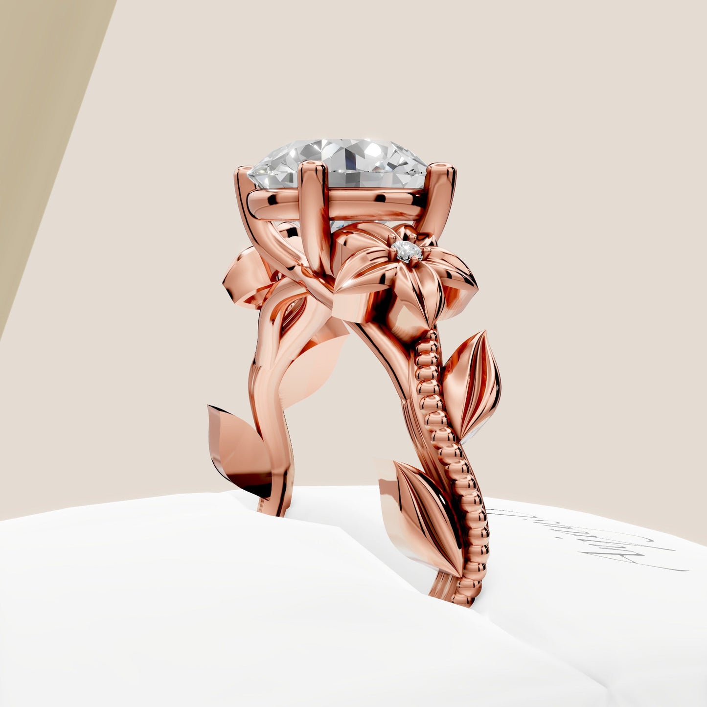 Nature Inspired Diamond Engagement Ring 2 Carat Round Diamond Flower Ring