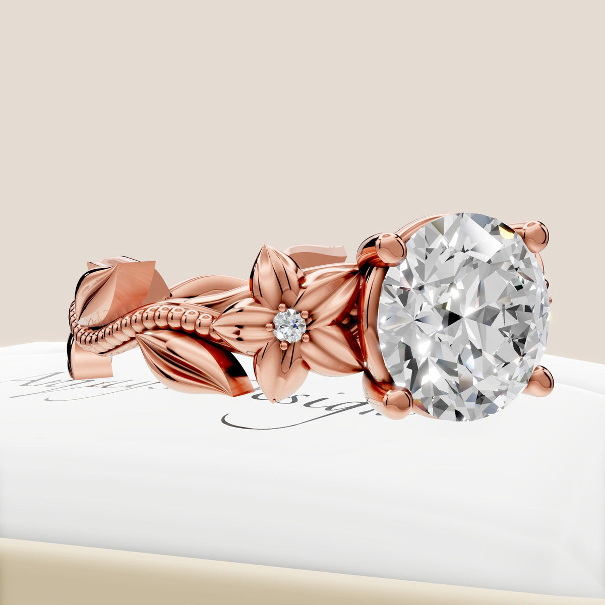 Nature Inspired Diamond Engagement Ring 2 Carat Round Diamond Flower Ring