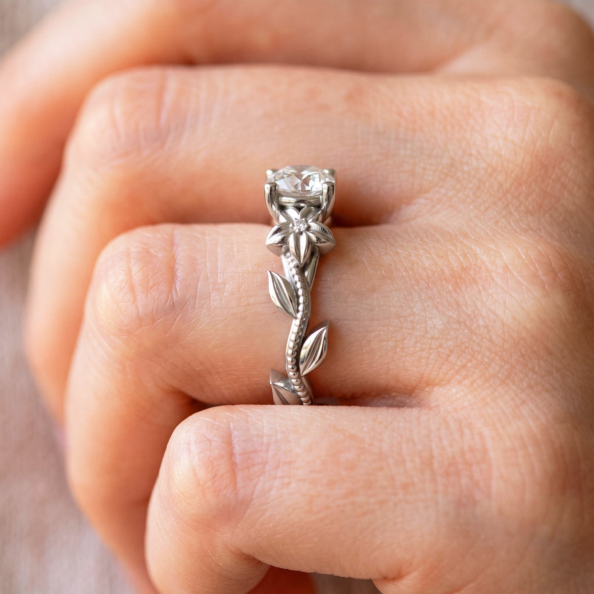 1 Carat Round Diamond Flower Engagement Ring Lab Grown Diamond Floral Ring Nature Inspired