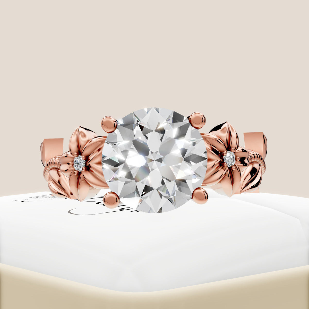 Nature Inspired Diamond Engagement Ring 2 Carat Round Diamond Flower Ring