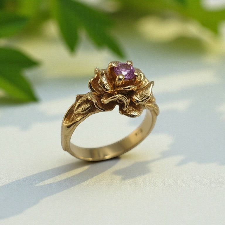 Pink Sapphire Rose Ring in Solid Gold