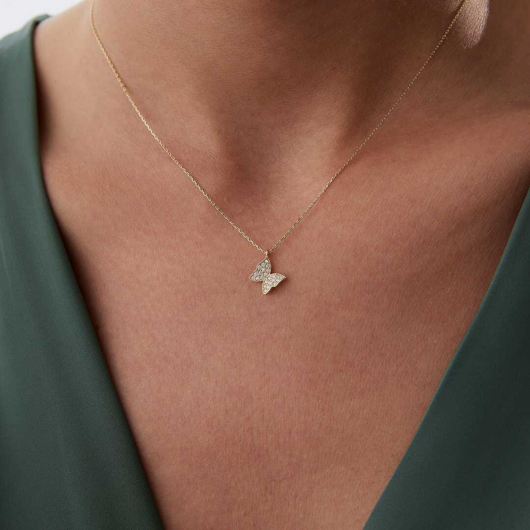 14k Gold Butterfly Necklace with Pave CZ