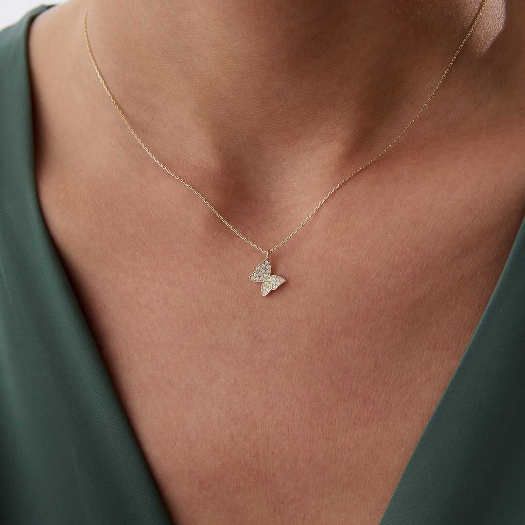 14k Gold Butterfly Necklace with Pave CZ