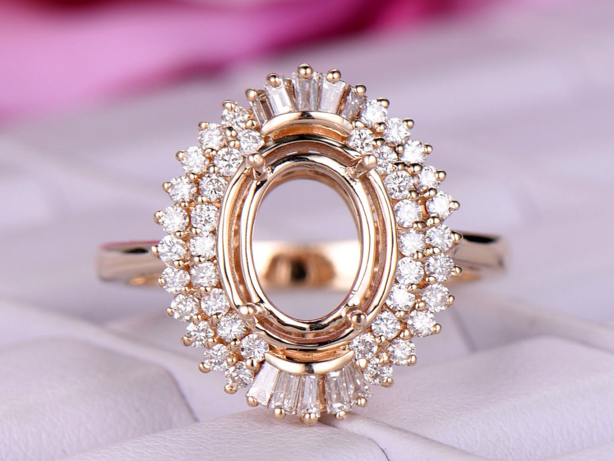For AAA- Oval Baguette Diamond Double Halo Setting Semi Mount Ring