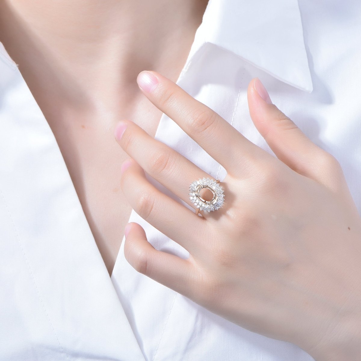For AAA- Oval Baguette Diamond Double Halo Setting Semi Mount Ring