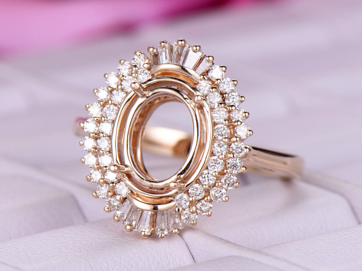 For AAA- Oval Baguette Diamond Double Halo Setting Semi Mount Ring