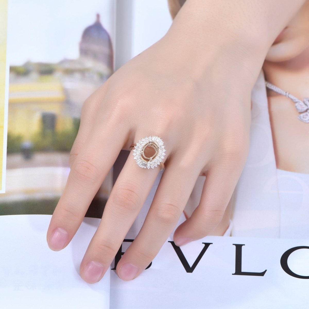 For AAA- Oval Baguette Diamond Double Halo Setting Semi Mount Ring