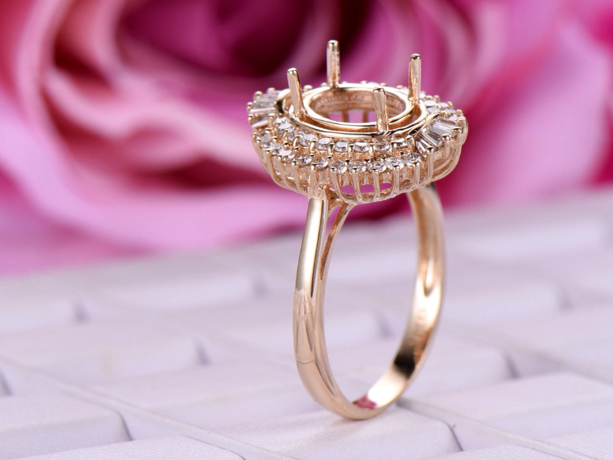 For AAA- Oval Baguette Diamond Double Halo Setting Semi Mount Ring